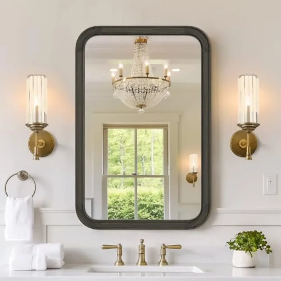 

Wood Bathroom Mirror for Wall 20x30 Inch Wooden Frame Rectangle Mirror for Farmhouse Bathroom Vanity Wall Mounted Decorative Mi