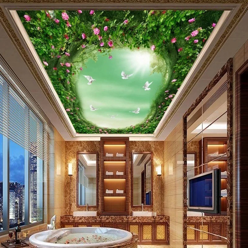 

Custom Floral Birds Print Wallpaper Mural for Ceiling Elegant Vine Flowers Wall Art Decor Background For Living Room Bedroom 3D