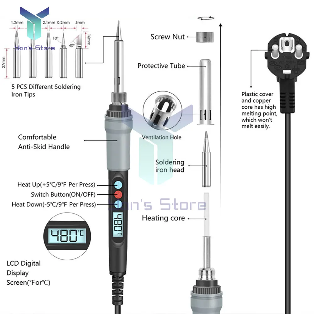 Imagem -03 - Ferro de Solda Protable Digital Temp Ajuste Automático Sono Interno Térmico Cerâmica Aquecimento Eletrônico Soldagem Ferramentas 90w