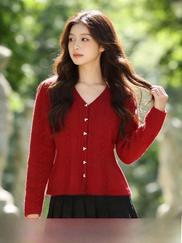 

Вязаный кардиган большого размера с V-образным вырезом, длинными рукавами и узором косы, облегающий свитер из полиэстера, весна 2026, повседневный стиль