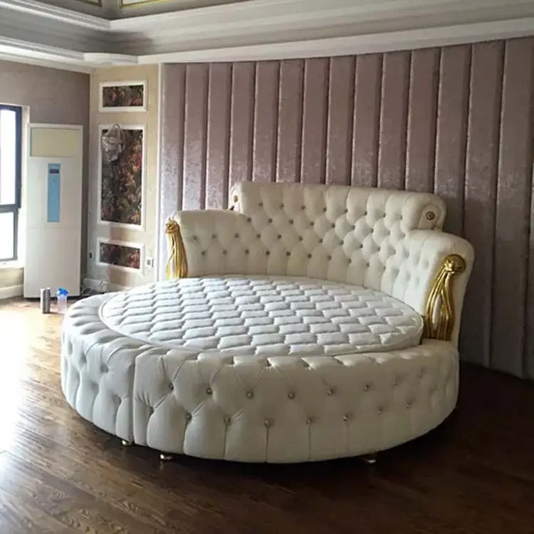 (1 سرير + 2 حامل ليلي + مرتبة)/مجموعة أثاث غرفة نوم منزلية بتصميم أوروبي مستدير ناعم