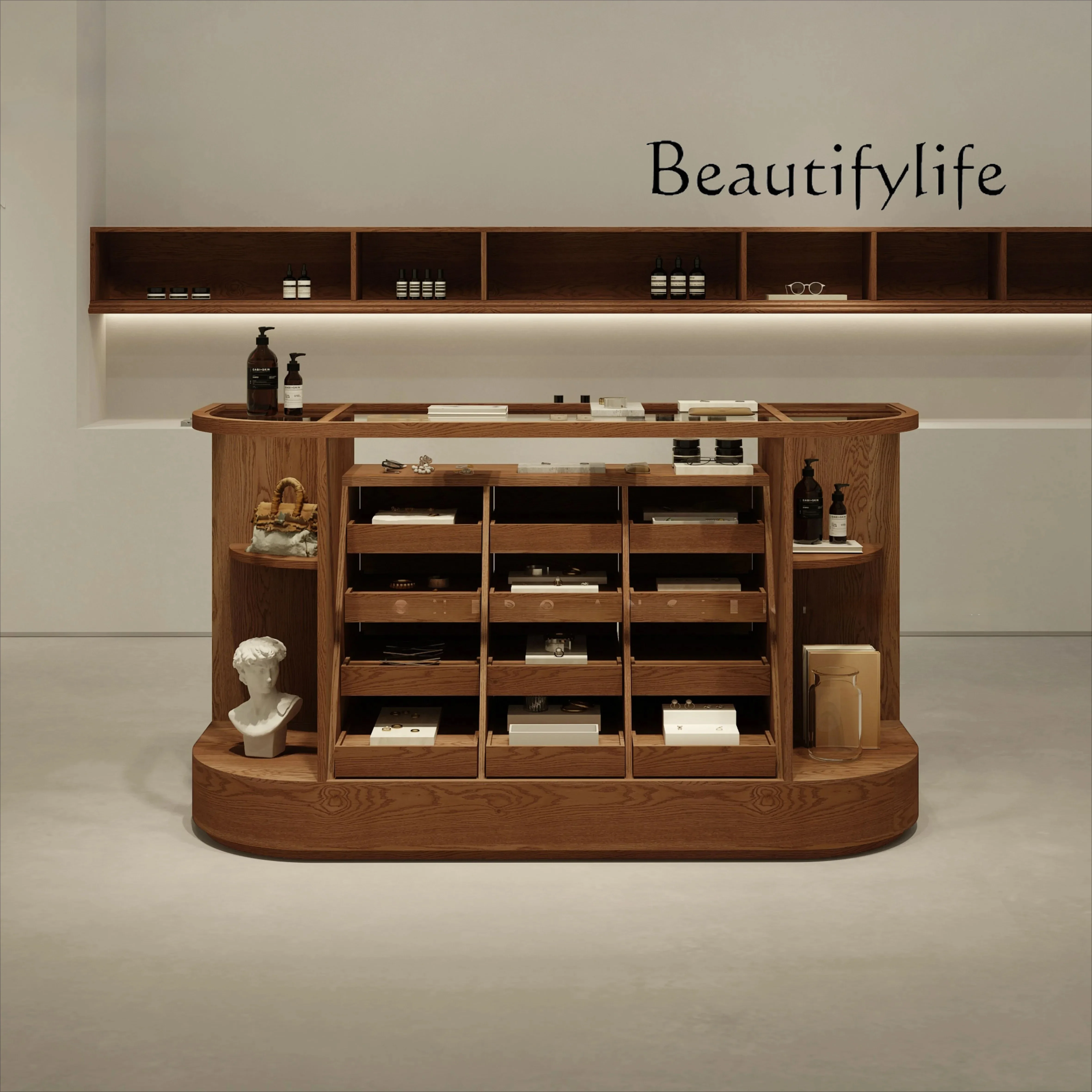 

Retro multi-layer multi-grid arc display Nakajima cabinet jewelry silver cabinet against the wall display cabinet photo booth