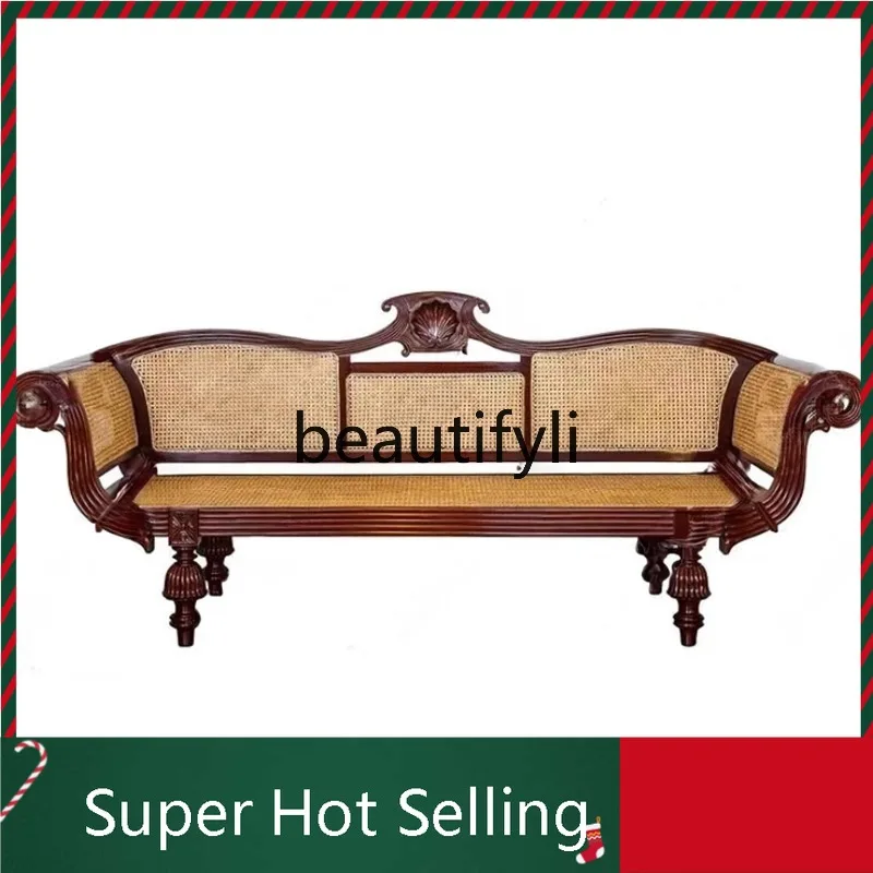 

K132 Country Solid Wood Sofa Natural Rattan Handmade Carved Double Three-Person Leisure Retro