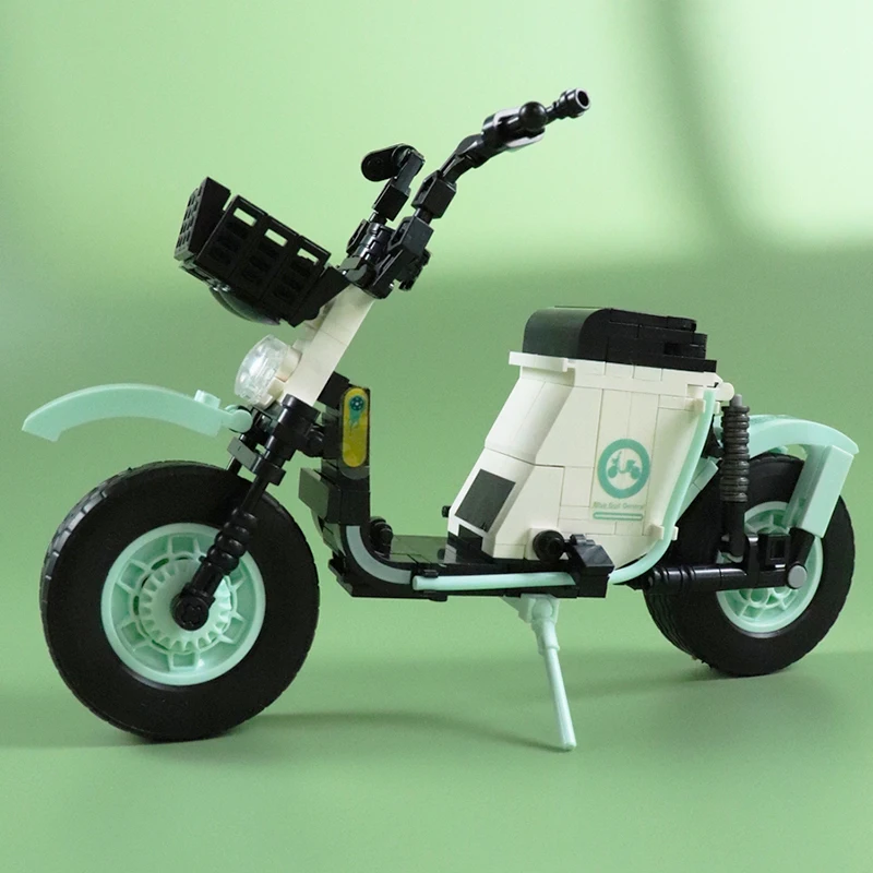 3D Model DIY Mini Blocks Bricks Building Vehicle World Shared Electric Bike Bicycle Green Motorcycle Toy for Children