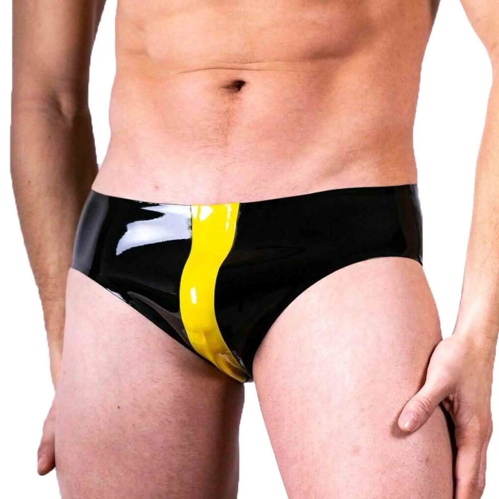 

MONNIK Black and Yellow Trim Latex Briefs Fashion Rubber Men Shorts Tight Thong for Bodysuit