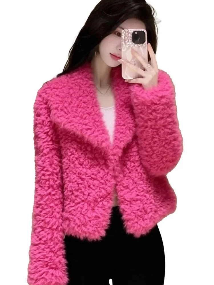 Pink Lamb Fur Jacket Women's Thickened Warm Casual Style Short Coat Korean Fashion Warmth Autumn Winter New Arrival