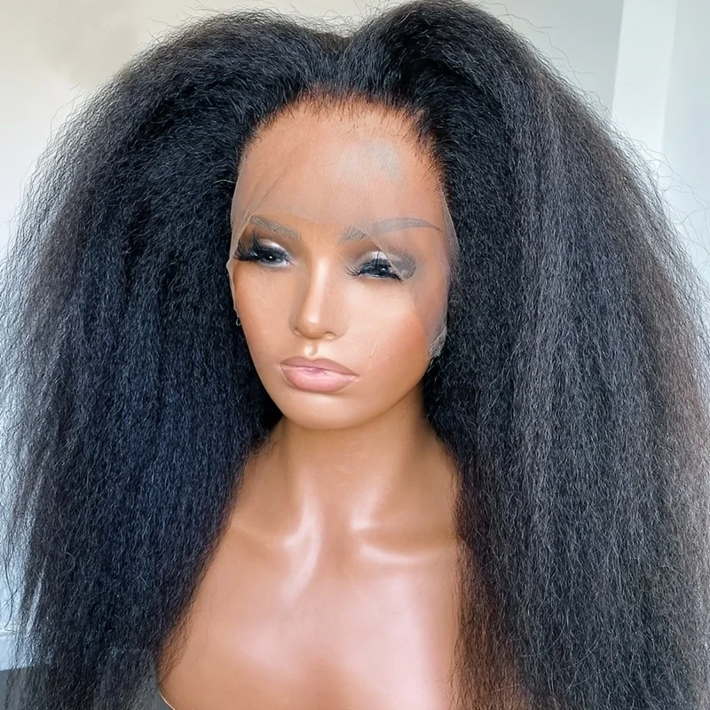 

Black Color 180Density 26Inch Soft Yaki Preplucked Kinky Straight Lace Front Wig Synthetic Baby Hair Glueless Daily Wear Wig