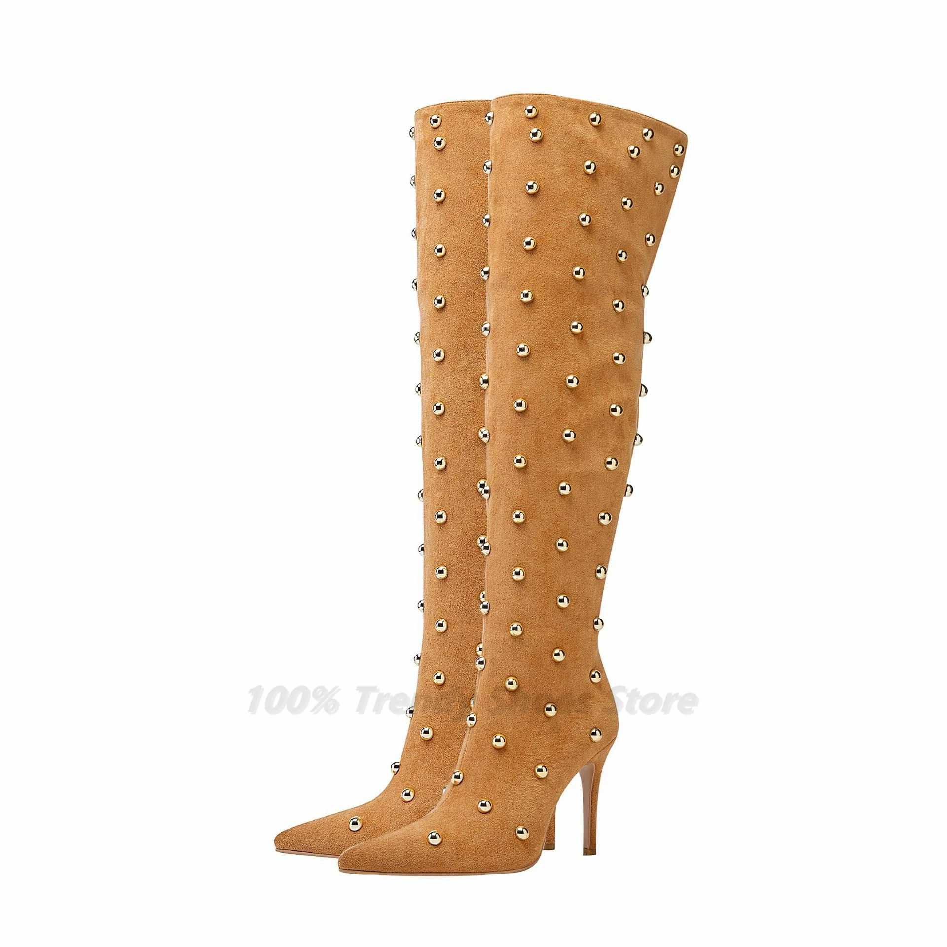 

New Pointed Slim High-Heeled Pearl Studded Knee High Boots Fashionable and Versatile, Plus Size Long Tube Boots for Women