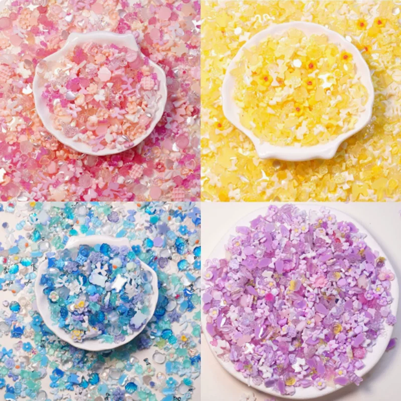 100Pcs Resin Nail Art Charms Material Package 3D Pink Blue Love Bow Flower Moon Mixed Nail DIY Nail Decoration