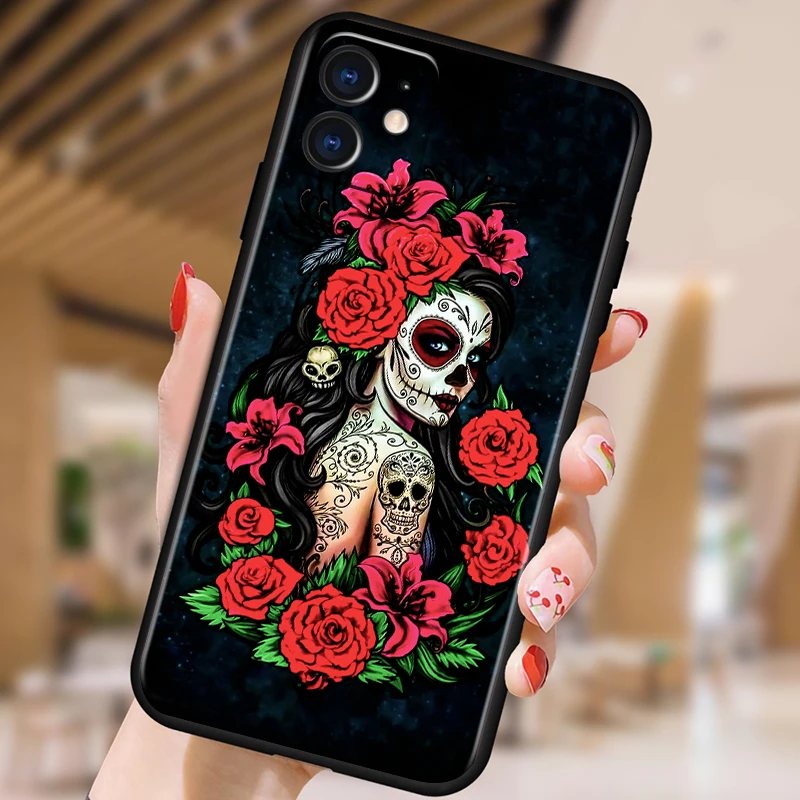 Roses Skull Art Cool For iPhone 15 14 13 12 11 XS XR X 8 7 SE Pro Max Plus Mini Black Cover Phone Case