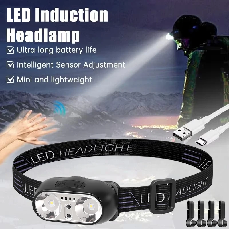 كشافات إضاءة قوية صغيرة Led ليلة الصيد مصباح رأس شعلة قوي في الهواء الطلق مقاوم للماء التخييم المحمولة LED الاستشعار المصابيح الأمامية