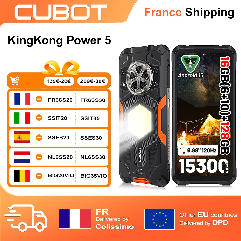 CUBOT KingKong Power 5 Smartphone robuste G100 16GB RAM (6 + 10) + 128GB ROM Android 15 15300mAh 6.88 "120Hz 64MP téléphone léger de Camping