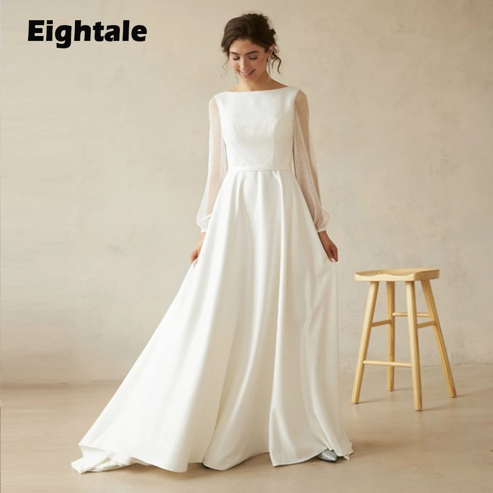 

Eightale Beach Wedding Dresses Simple O-Neck Long Sleeves Backless A-Line Satin Vintage Bridal Gowns vestido de noiva