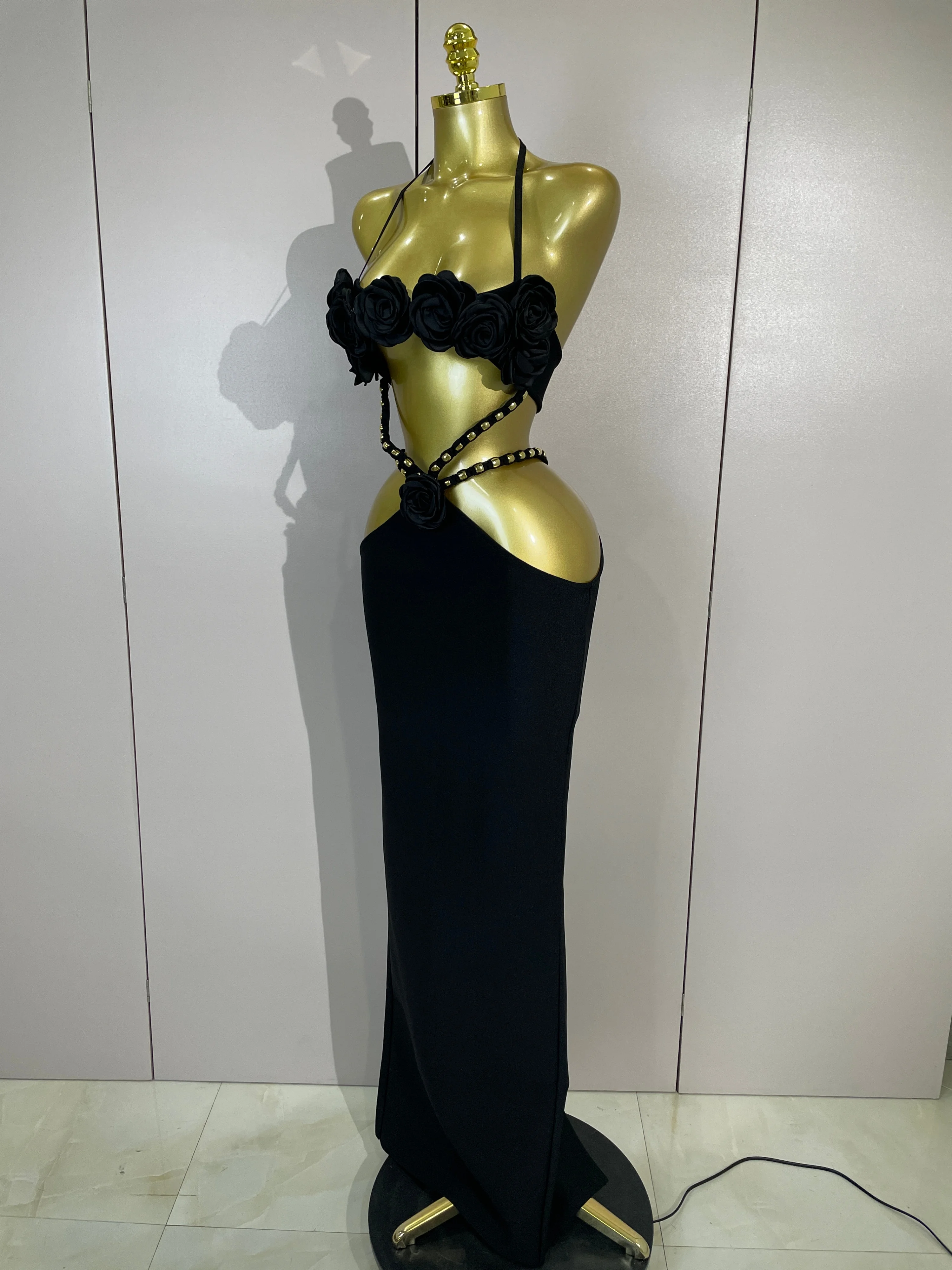 Sexy 3D Flower Halter Hollow Out Sleeveless Black Bodycon Long Bandage Dress Women Celebate Elegant Luxury Birthday Club Dress