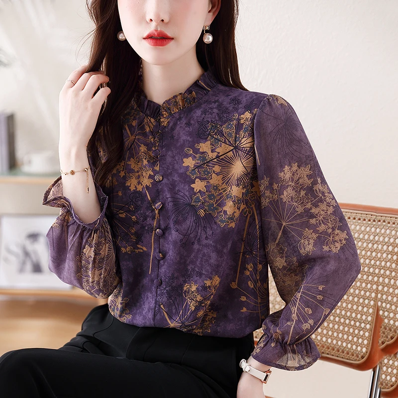 Spring Summer Floral Printed Tops New Retro Pullovers Blouse Ruffle Collar Button Casual Shirt