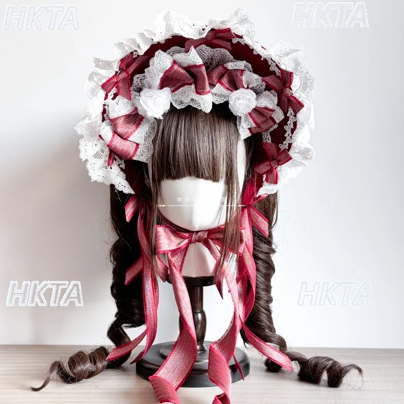 オリジナルデザイン ロリータ クリスマス 新年 パーティー ワインレッド ボンネット帽 女性 女の子 可愛い スイート レース BNT コスプレ ヘアアクセサリー