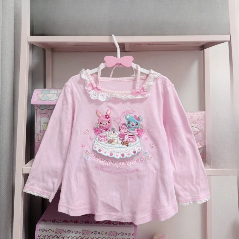 

Japanese Cartoon Embroidery T-shirt Women Sweet Y2k Aesthetic Lace Patchwork Tops Girls Harajuku Grunge Kawaii Cute Bow Tees