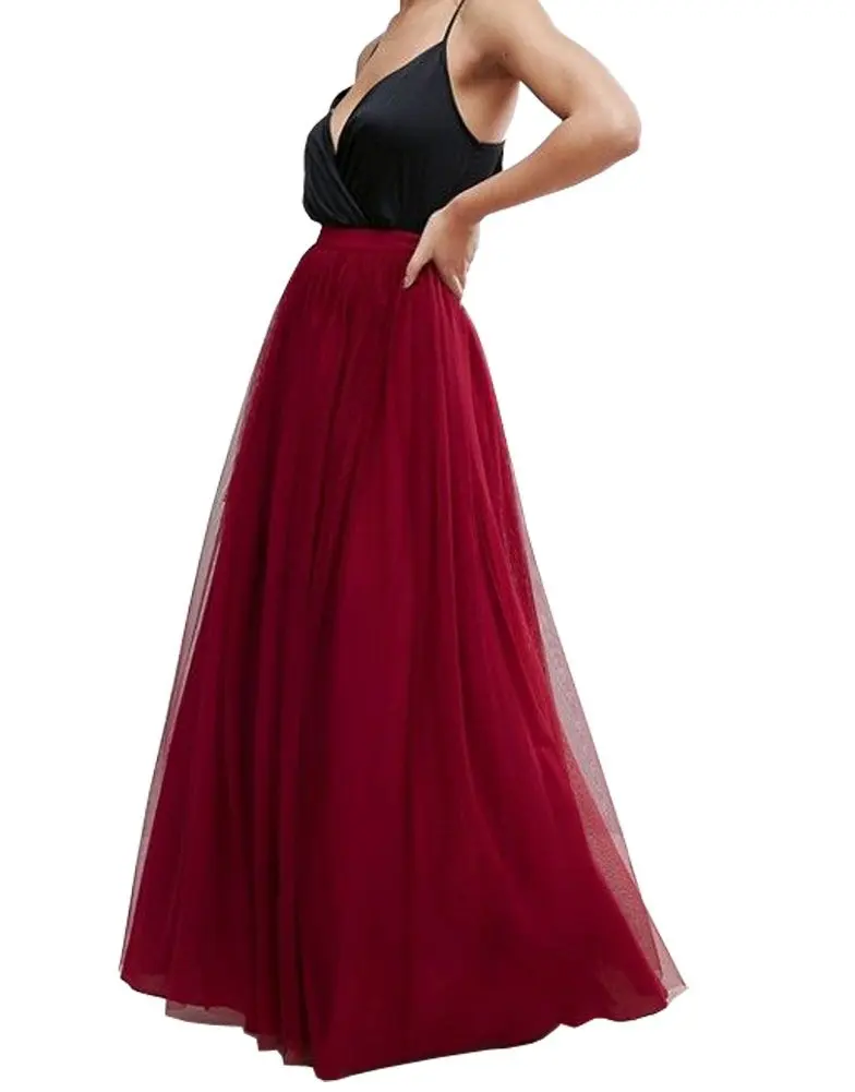 Women A Line Long Maxi Bridesmaid Tulle Skirt for Wedding Evening Party Prom Elastic Retro Maxi Long Skirt