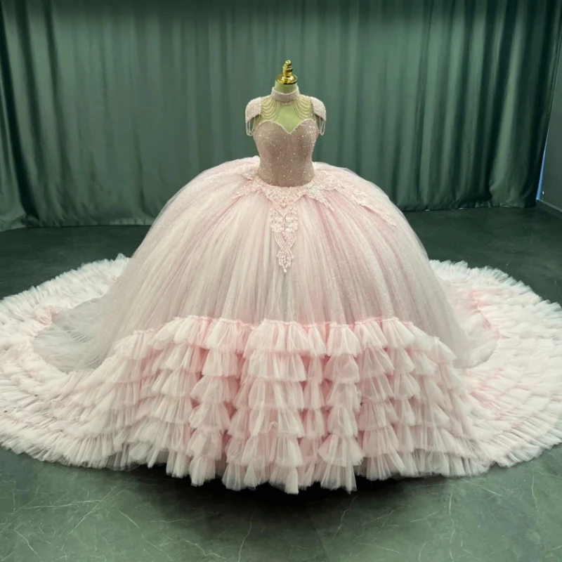 

Pink Shiny Princess Off the Shoulder Sweet 16 Dress Quinceanera Dresses Applique Lace Beads Tiered Tull Party Birthday Vestidos