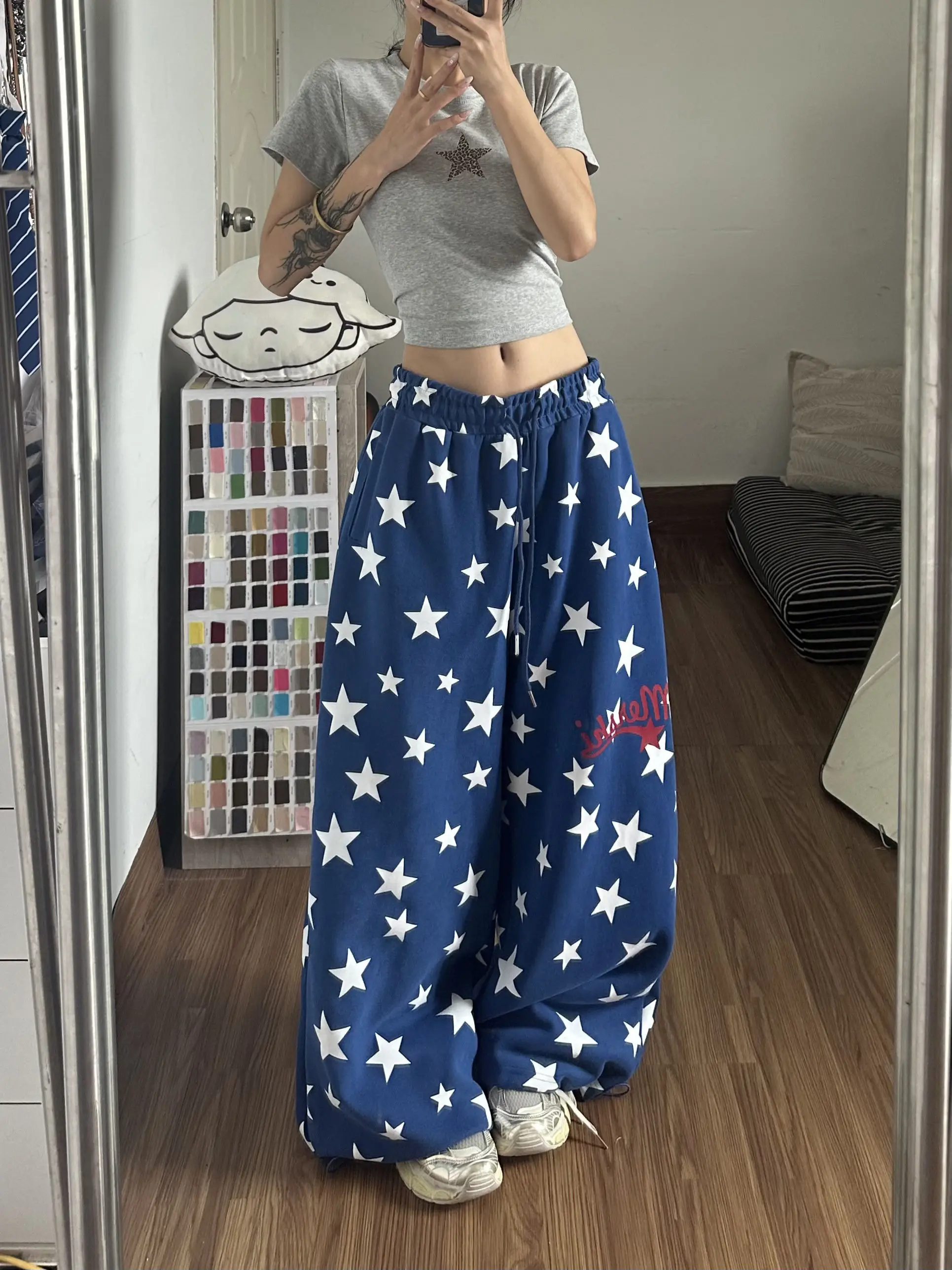 American Style Wide Leg Pants Women's Loose Casual All-Match Design Sensation Sweatpants Star Print Elastic Waist