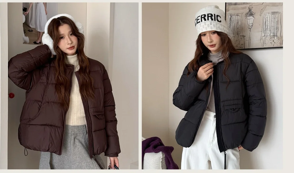 2026 Winter Women's Jacket Korean Patchwork Zipper Stylish Parkas Minimalist Versatile Coat Warm O-Neck Cotton Padded Outerwear
