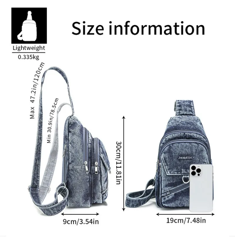 Women's Vintage Denim Crossbody Chest Bag Casual Fashion Simple Versatile Portable Backpack for All Seasons