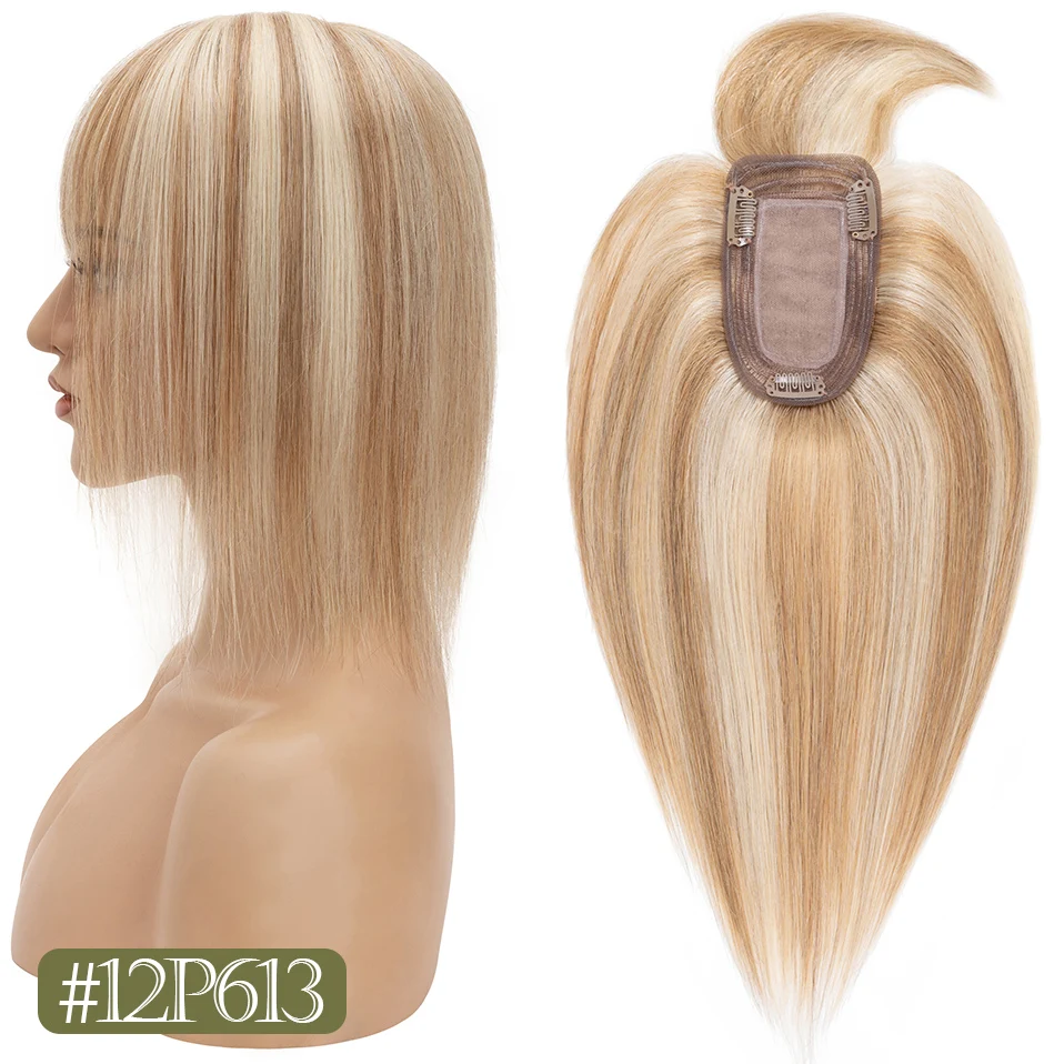 TESS Damen-Topper, 7 x 12,5 cm, Haaraufsätze mit Pony, Naturhaar-Perücke, Echthaar, Seidenbasis, Mittelteil, Haarspange in der Haarverlängerung – Detail 13