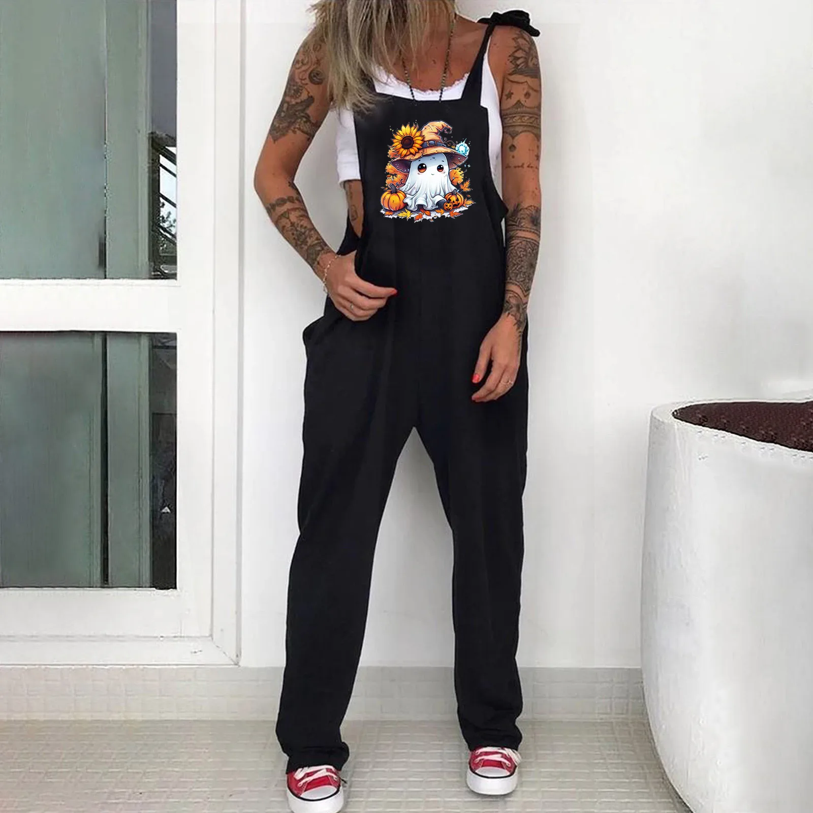 Herbst Mode Straße Halloween Stil Drucken frau Overall Beiläufige Lose Ärmel Einem Stück Overalls Breite Bein Hosen Frau