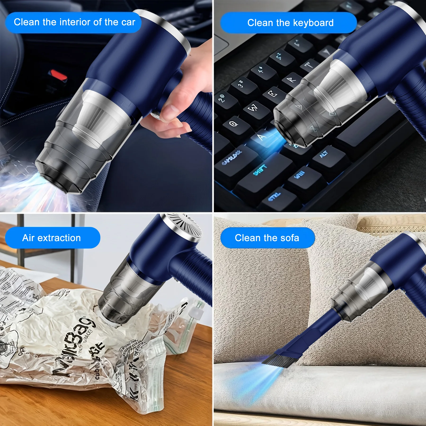 ハンドヘルドコードレス掃除機 TypeC 充電式 車用 家庭用 ペットの毛用 - 軽量 ヘアブラシ付き 延長チューブ付き コンパクト デイリークリーナー