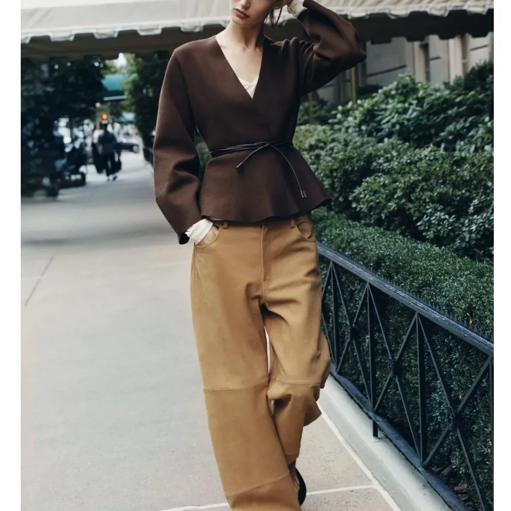 

Дизайнерская трикотажная куртка с поясом Lazy Sle Retro Slimming Street Sle Полиэфирное волокно Long Sve V-Ne Обычная длина Oute...