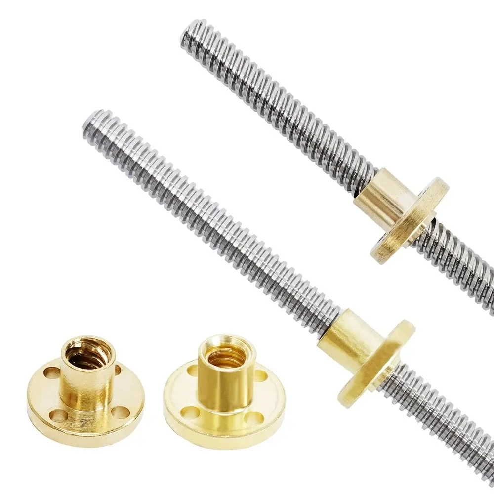 Peça de impressora 3D T8 Parafuso de chumbo com porca OD 8mm Chumbo 2mm Passo 2mm 100mm 200mm 300mm 400mm 500mm Parafuso de chumbo com porca de latão Reprap