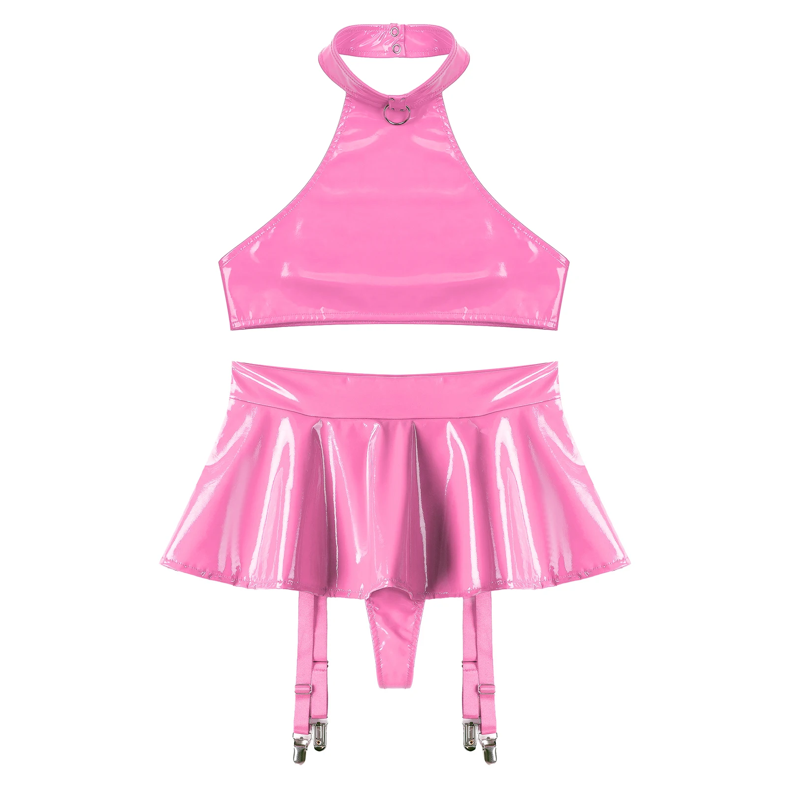 Womens Lingerie Patent Leather O Ring Halter Backless Crop Top with Built-in Thongs Ruffle Miniskirt Party Pole Dancing Clubwear