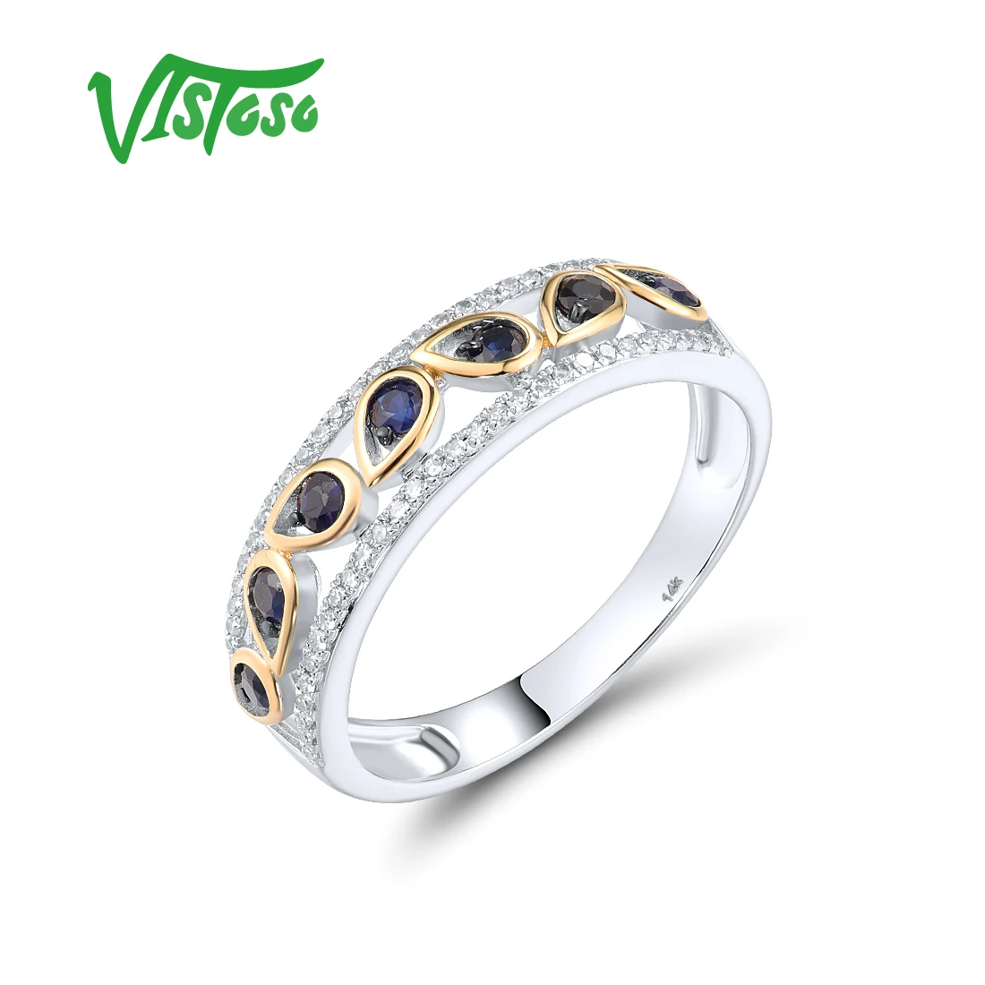 

VISTOSO Pure 14K 585 White Yellow Gold Lace Band Ring For Women Sparkling Diamond Blue Sapphire Wedding Engagement Fine Jewelry