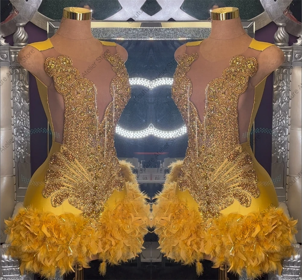 Gold Crystal Beading Prom Dress Tassels Feathers Shiny 2025 Birthday Luxury Dress Mermaid Homecoming Gowns Black Girl Customized