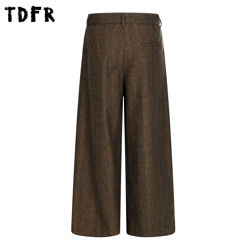 Retro Pleated Woolen Casual Pants Mens Autumn Straight Wide Leg Baggy Trousers Man