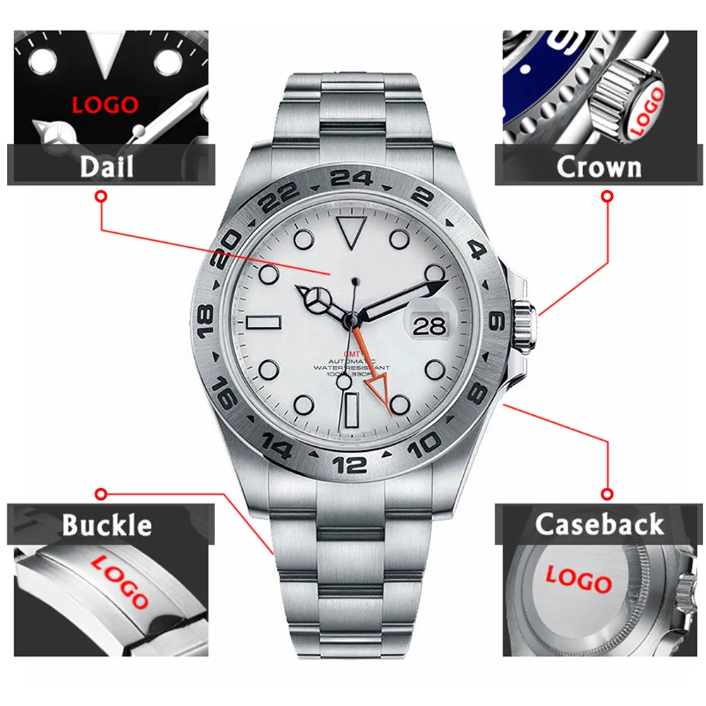 Reloj Mecánico NH34 GMT para Hombre, pulsera de lujo con logotipo personalizado, resistente al agua 100M, diseño militar de aventura, 39mm