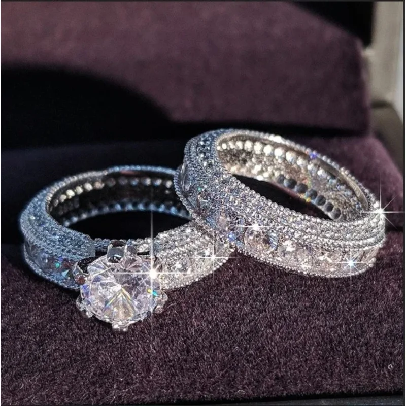 

2023 new sparkling silver color cubic zirconia wedding rings set for women elegant couples engagement ring banquet party jewelry