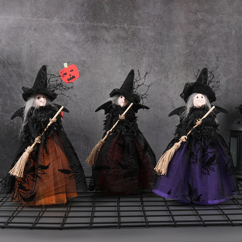 Tree Top Star Halloween Witch Doll With Broom Cartoon Witch Figurines Home Desk Decoration Ornaments Halloween Party Supplies