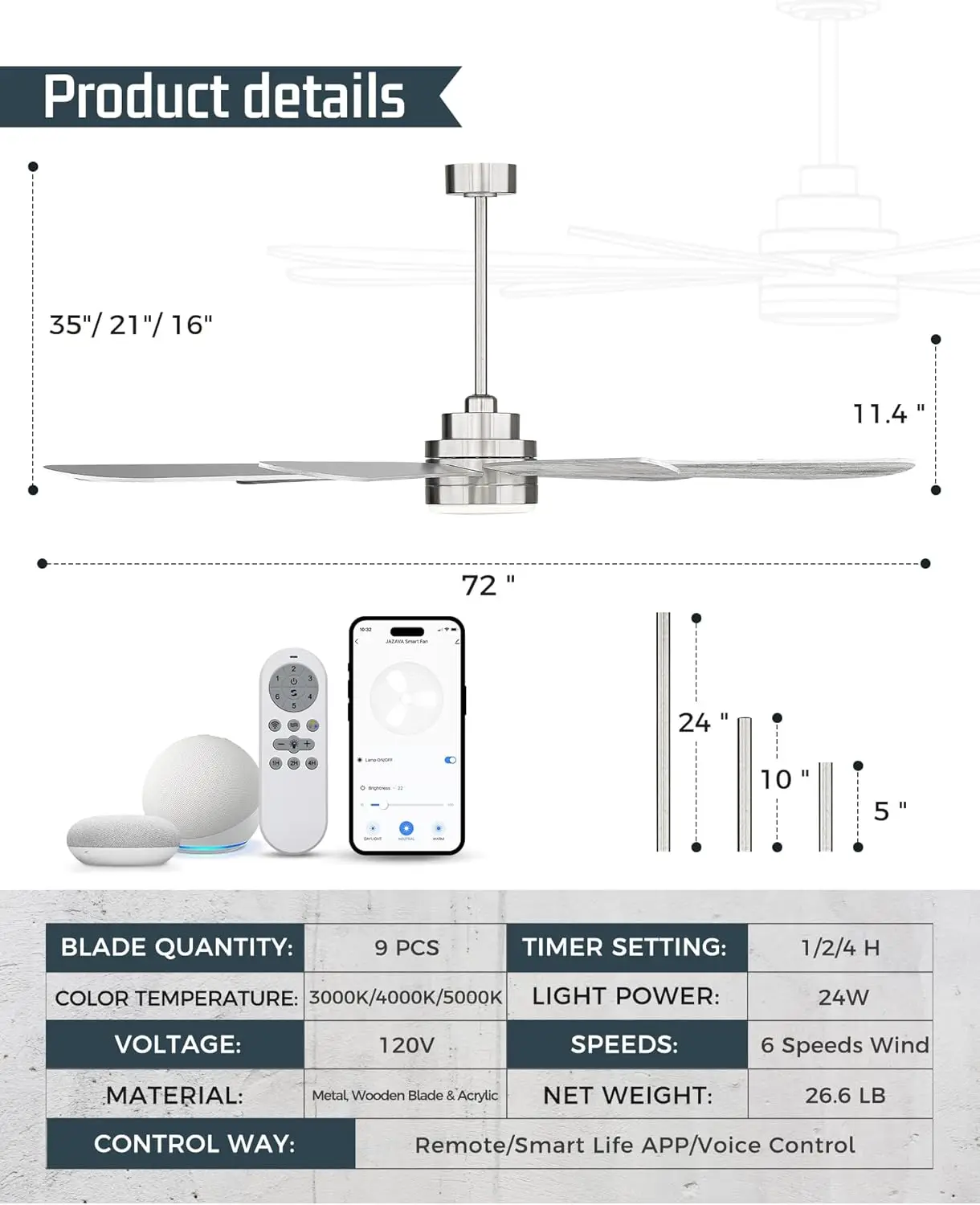 72 inch Large Ceiling Fans with Lights, Modern Ceiling Fan for Kitchen Living Room, 9 Blades Dual Nickel & White Walnut Ceiling