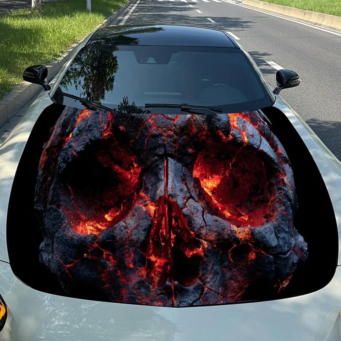 Fiery Darkness Lava Skull PVC Car Hood Wraps, Self-Adhesive Waterproof Car Bonnet Decal Sticker, Car Decoration Protection Stick