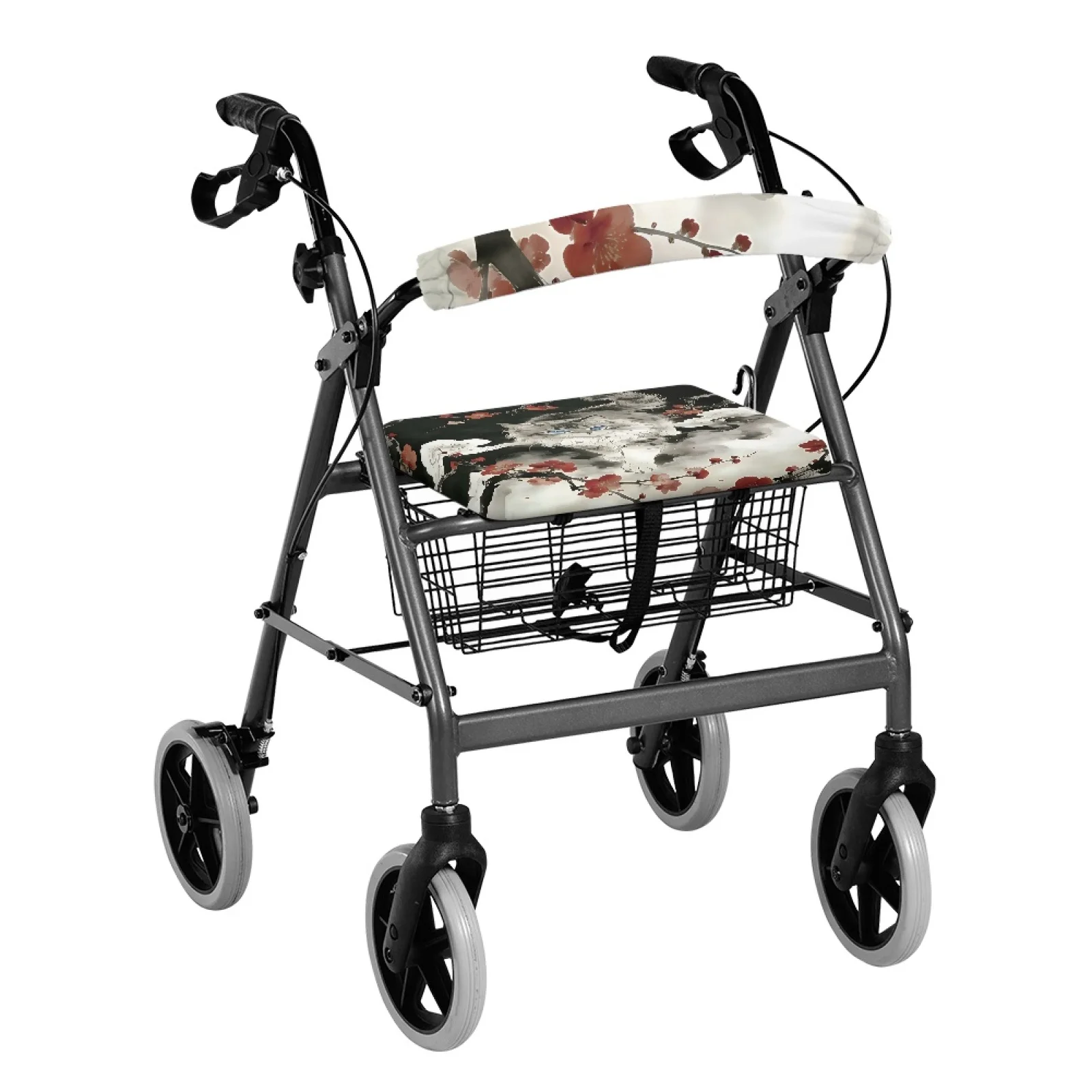 Coloranimal Ink Cat Plum Pattern 2 Pcs Walker Rollator Seat Back Cover Polyester Fabric Walker Cover for Ladies