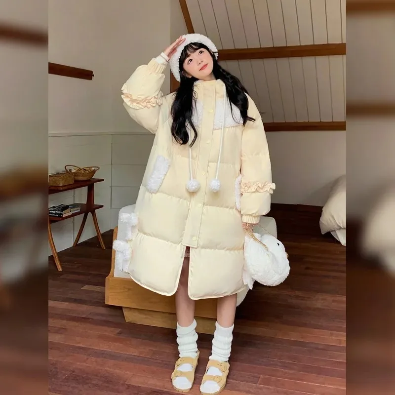 

Miiiix Sweet and Elegant Long Hooded Light Yellow Lamb Cashmere Parkas for Women's 2023 Winter New Patchwork Cotton Jacket