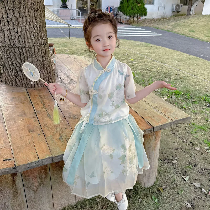 

Skirt Set For 2024 New Girls Chinese Style Ancient Clothes Thin Tang Dynasty Children's Hanfu Set Summer Edition