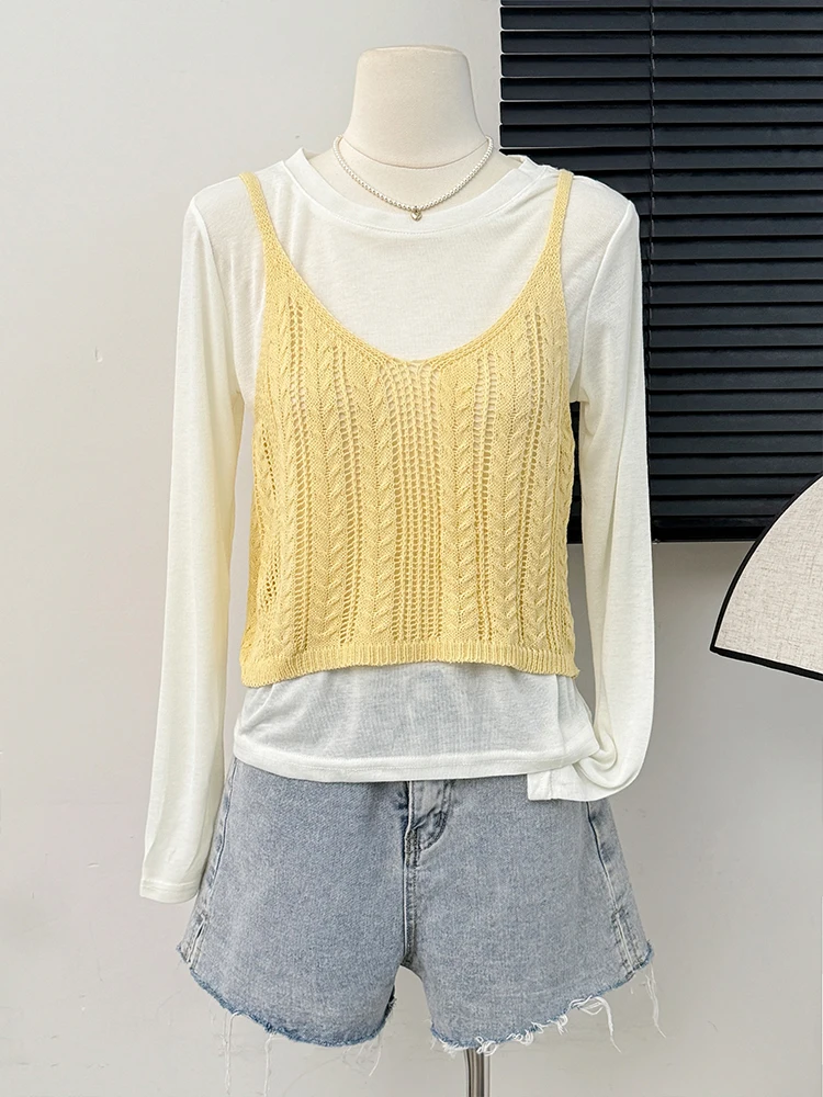 Korean Style Sweet Hollowed Out Knitted Camisole for Women Spring Autumn Solid Color Long Sleeve T-shirt 2 Piece Set