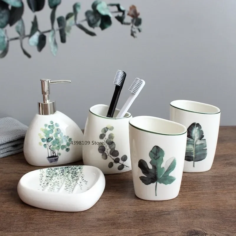 European Green Plant Ceramic Bathroom Supplies Simple Five-piece Wedding Wash Set Toothbrush Holder Lotion Bottle Melamine Tray