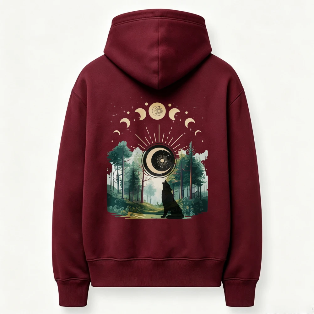 Forest Wolf Howling Moon Phase Celestial Graphic Sweatshirt Boho Mystical Nature Wilderness Art Print Fall Winter Casual Hooded