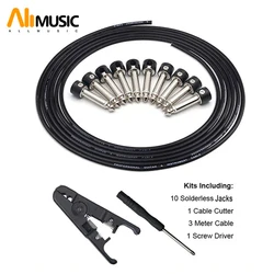 ALLMusic Solderless Connections Design Guitar Cable DIY Guitar Pedal Patch Cable kit 10 Solderless Black Cap Jack 3M Cable