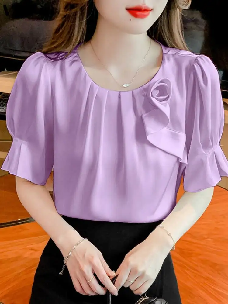 

VONDA Elegant Solid Color Shirts 2024 Women Ruffled Blouse Casual Round neck Short Sleeve Tops Fashion Sundress Femininas Blusas