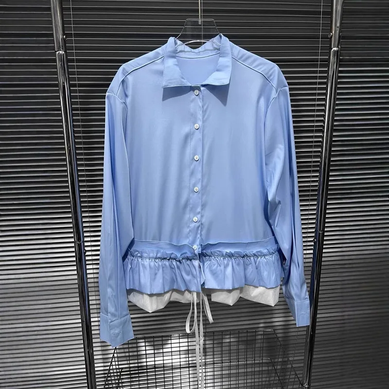 WTHT New France Style Patchwork Puffy Edge Drawstring Design Shirt 2025 Spring Fashion Lapel Long Sleeves Blouse Female 1LS716