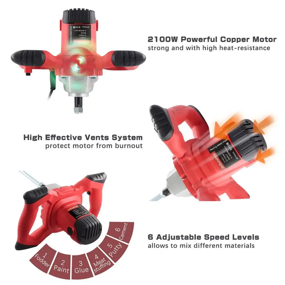 Промышленный электрический миксер для цемента, 2100 Вт, дрель для смешивания краски в бетоне, портативный миксер для грязевой штукатурки, 6 скоростей, регулируемый ручной